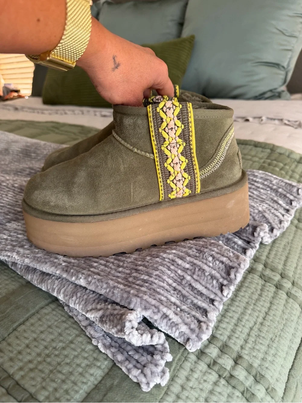 UGG Olive Suede Platform Ankle Boot with Yellow detail design Trim